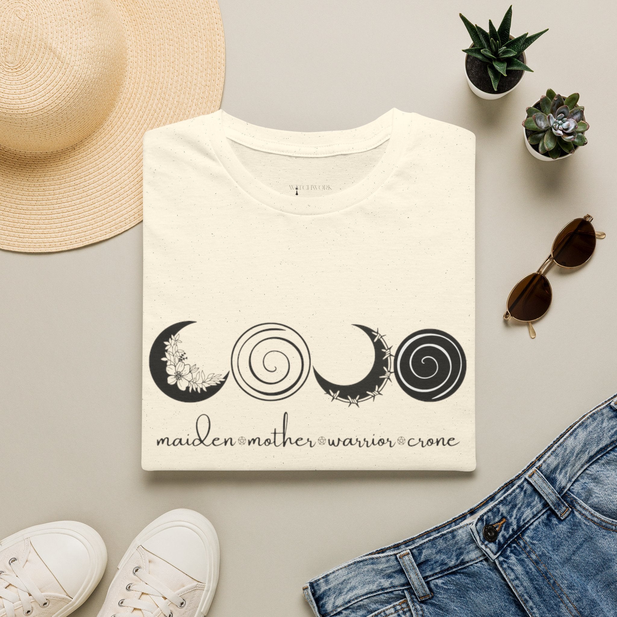 Four Faces Moon T-Shirt — Maiden Mother Warrior Crone Witchy Tee